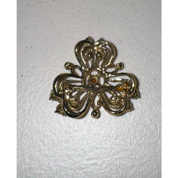 Brooch / Clover / Shamrock / Celtic / Gold Tone with Rhinestones / EUC / vintage - Picture 2 of 3